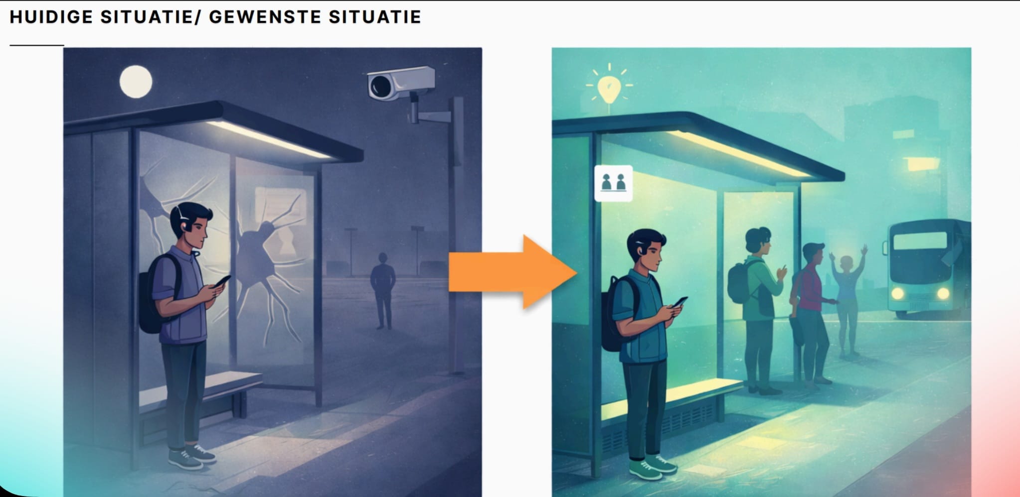 foto van eeen kapot bushuisje en eentje van een goed verlicht bushokje